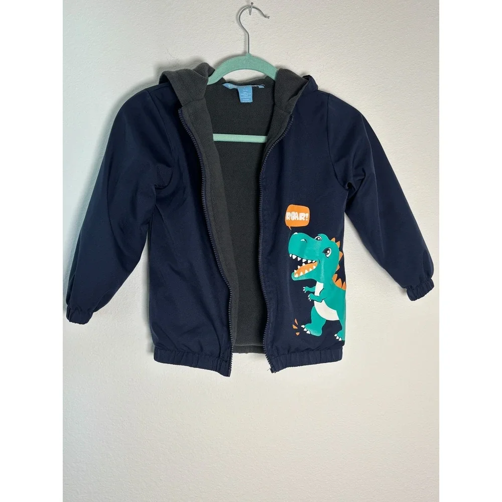 Soho Boys Club Jacket Kids 4 Navy Blue‎ Fleece Lined Roar T-rex Graphic Full Zip